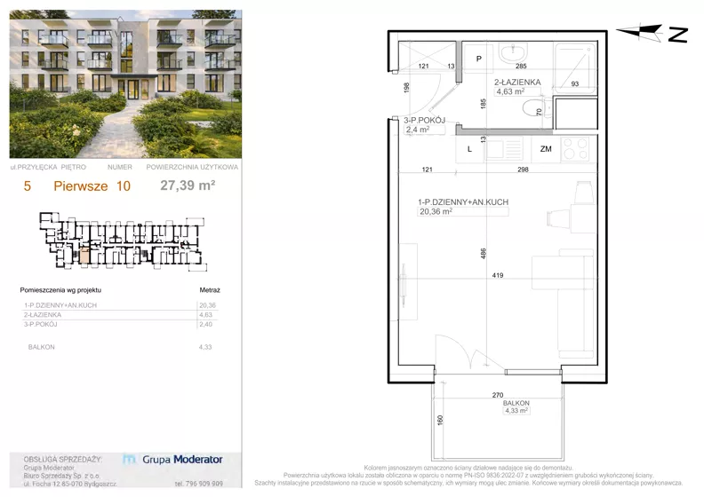 1 pokój, mieszkanie 27,39 m², piętro 1, oferta nr 5 - 10, Avia III, Bydgoszcz, Bielice, ul. Przyłęcka 3