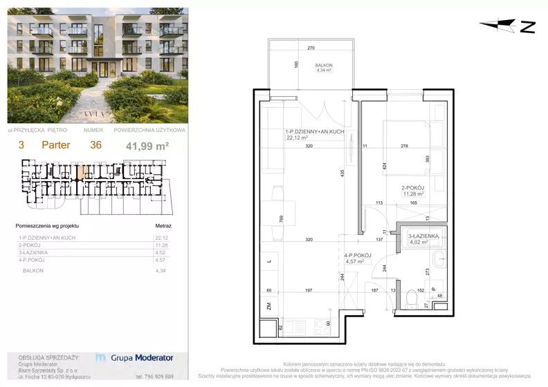 2 pokoje, mieszkanie 41,99 m², parter, oferta nr 3 - 36, Avia III, Bydgoszcz, Bielice, ul. Przyłęcka 3,5