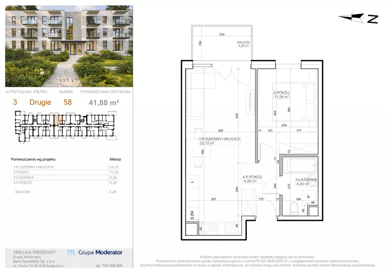 2 pokoje, mieszkanie 41,88 m², piętro 2, oferta nr 3 - 58, Avia III, Bydgoszcz, Bielice, ul. Przyłęcka 3,5