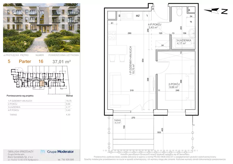 2 pokoje, mieszkanie 37,01 m², parter, oferta nr 5 - 16, Avia III, Bydgoszcz, Bielice, ul. Przyłęcka 3,5