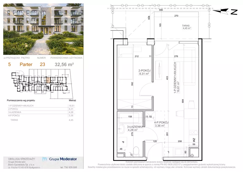 2 pokoje, mieszkanie 32,56 m², parter, oferta nr 5 - 23, Avia III, Bydgoszcz, Bielice, ul. Przyłęcka 3,5