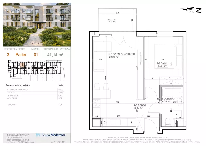 2 pokoje, mieszkanie 41,14 m², parter, oferta nr 3 - 1, Avia III, Bydgoszcz, Bielice, ul. Przyłęcka 3
