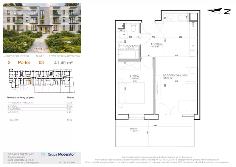 2 pokoje, mieszkanie 41,40 m², parter, oferta nr 3 - 3, Avia III, Bydgoszcz, Bielice, ul. Przyłęcka 3