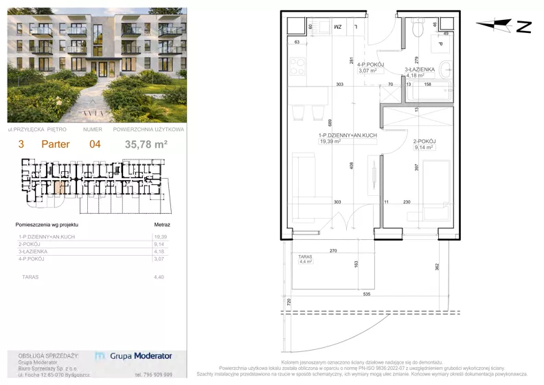 2 pokoje, mieszkanie 35,78 m², parter, oferta nr 3 - 4, Avia III, Bydgoszcz, Bielice, ul. Przyłęcka 3