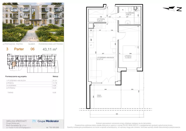 2 pokoje, mieszkanie 43,11 m², parter, oferta nr 3 - 6, Avia III, Bydgoszcz, Bielice, ul. Przyłęcka 3