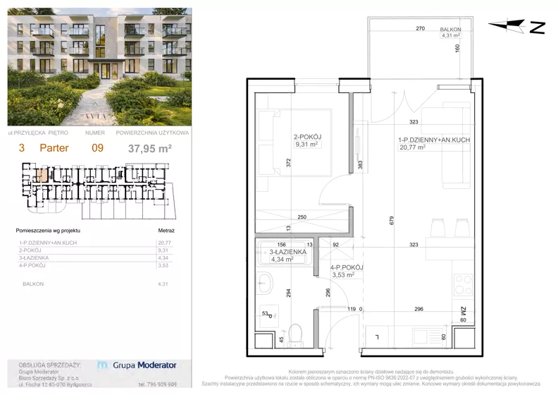 2 pokoje, mieszkanie 37,95 m², parter, oferta nr 3 - 9, Avia III, Bydgoszcz, Bielice, ul. Przyłęcka 3