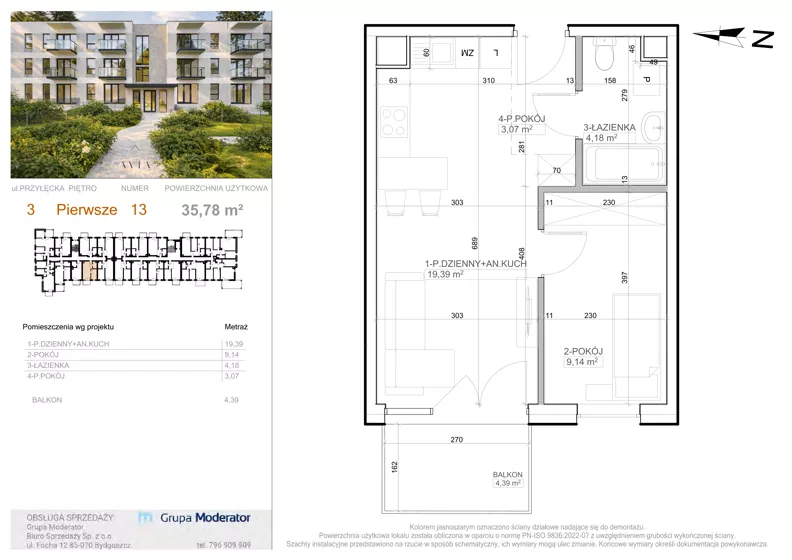 2 pokoje, mieszkanie 35,78 m², piętro 1, oferta nr 3 - 13, Avia III, Bydgoszcz, Bielice, ul. Przyłęcka 3