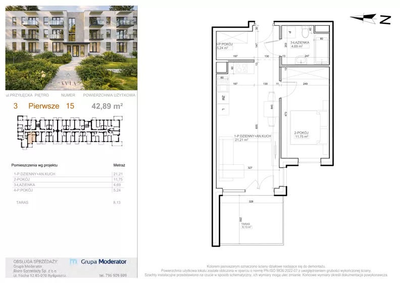 2 pokoje, mieszkanie 42,89 m², piętro 1, oferta nr 3 - 15, Avia III, Bydgoszcz, Bielice, ul. Przyłęcka 3