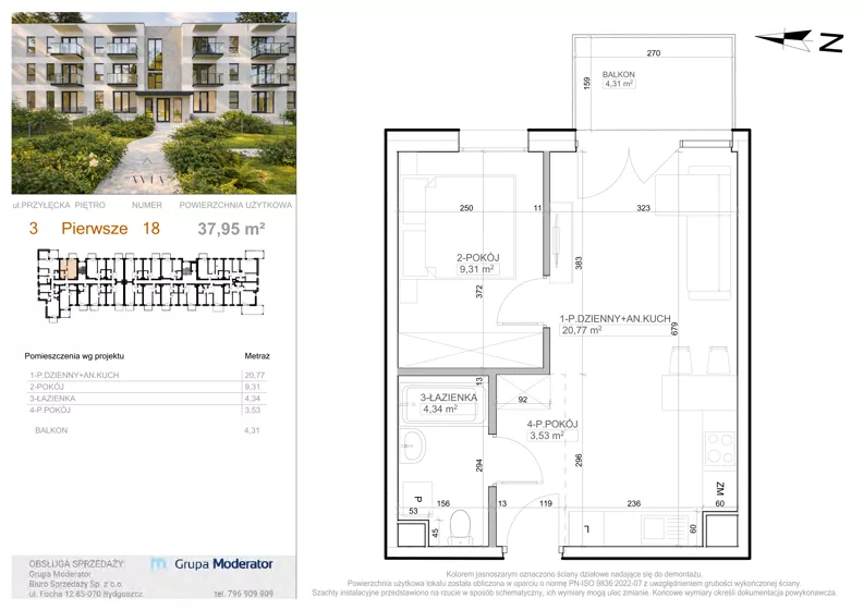 2 pokoje, mieszkanie 37,95 m², piętro 1, oferta nr 3 - 18, Avia III, Bydgoszcz, Bielice, ul. Przyłęcka 3