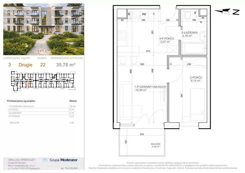 2 pokoje, mieszkanie 35,78 m², piętro 2, oferta nr 3 - 22, Avia III, Bydgoszcz, Bielice, ul. Przyłęcka 3