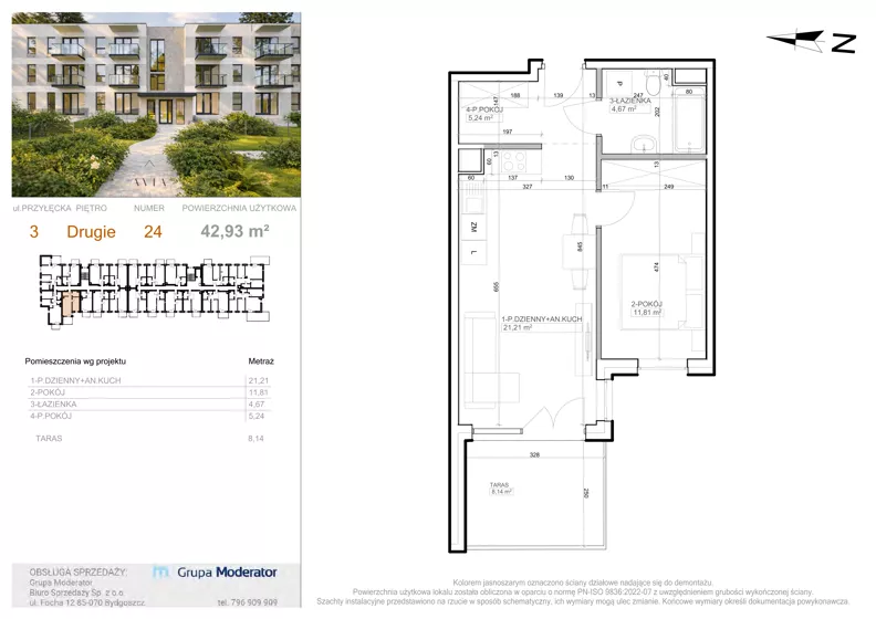 2 pokoje, mieszkanie 42,39 m², piętro 2, oferta nr 3 - 24, Avia III, Bydgoszcz, Bielice, ul. Przyłęcka 3