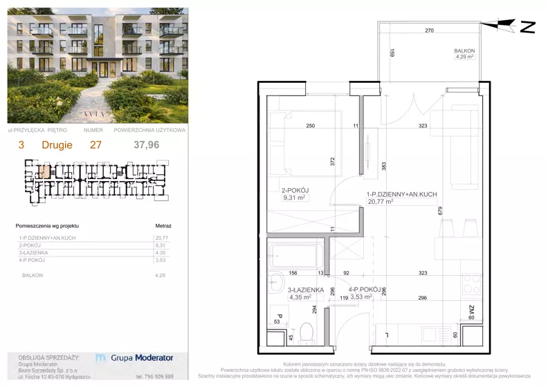 2 pokoje, mieszkanie 37,96 m², piętro 2, oferta nr 3 - 27, Avia III, Bydgoszcz, Bielice, ul. Przyłęcka 3