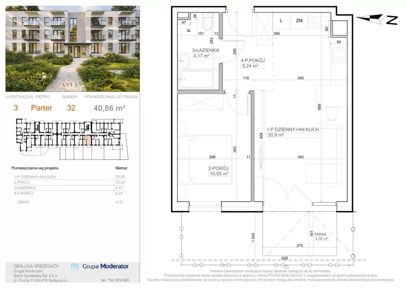 2 pokoje, mieszkanie 40,86 m², parter, oferta nr 3 - 32, Avia III, Bydgoszcz, Bielice, ul. Przyłęcka 3