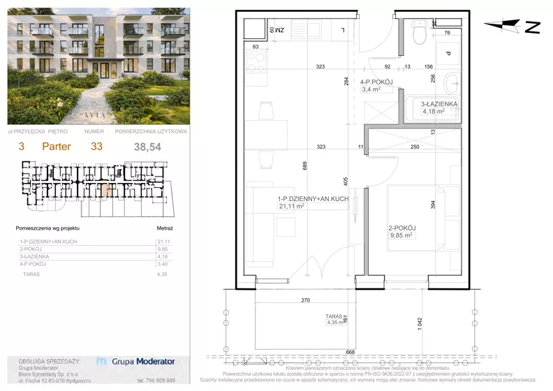 2 pokoje, mieszkanie 38,54 m², parter, oferta nr 3 - 33, Avia III, Bydgoszcz, Bielice, ul. Przyłęcka 3