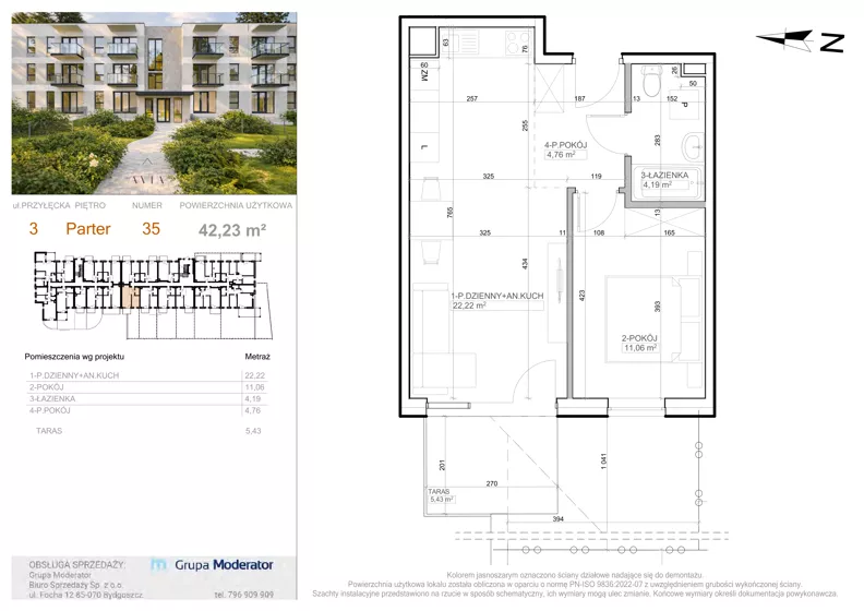 2 pokoje, mieszkanie 42,23 m², parter, oferta nr 3 - 35, Avia III, Bydgoszcz, Bielice, ul. Przyłęcka 3