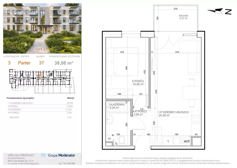 2 pokoje, mieszkanie 38,98 m², parter, oferta nr 3 - 37, Avia III, Bydgoszcz, Bielice, ul. Przyłęcka 3