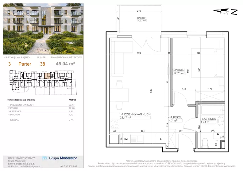 2 pokoje, mieszkanie 45,04 m², parter, oferta nr 3 - 38, Avia III, Bydgoszcz, Bielice, ul. Przyłęcka 3