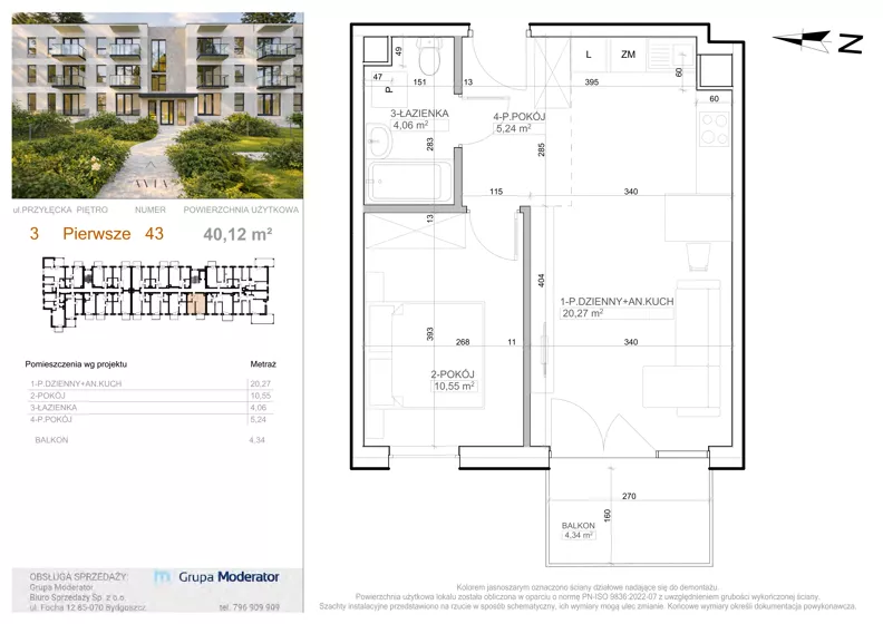 2 pokoje, mieszkanie 40,12 m², piętro 1, oferta nr 3 - 43, Avia III, Bydgoszcz, Bielice, ul. Przyłęcka 3