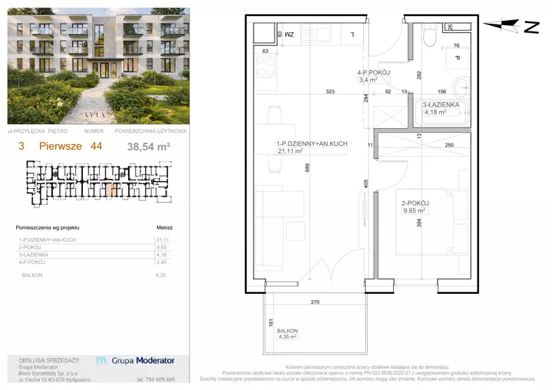2 pokoje, mieszkanie 38,54 m², piętro 1, oferta nr 3 - 44, Avia III, Bydgoszcz, Bielice, ul. Przyłęcka 3