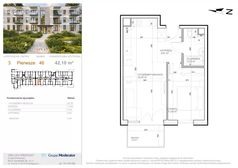 2 pokoje, mieszkanie 42,10 m², piętro 1, oferta nr 3 - 46, Avia III, Bydgoszcz, Bielice, ul. Przyłęcka 3