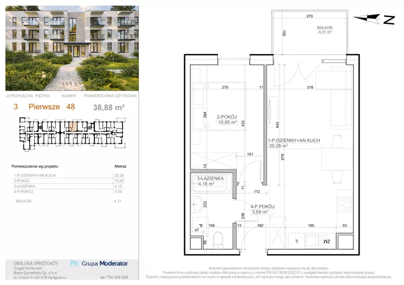 2 pokoje, mieszkanie 38,88 m², piętro 1, oferta nr 3 - 48, Avia III, Bydgoszcz, Bielice, ul. Przyłęcka 3