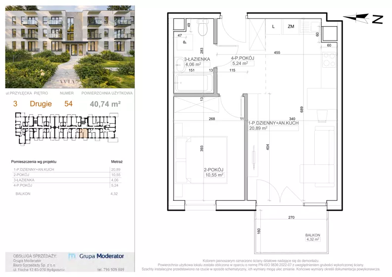 2 pokoje, mieszkanie 40,74 m², piętro 2, oferta nr 3 - 54, Avia III, Bydgoszcz, Bielice, ul. Przyłęcka 3
