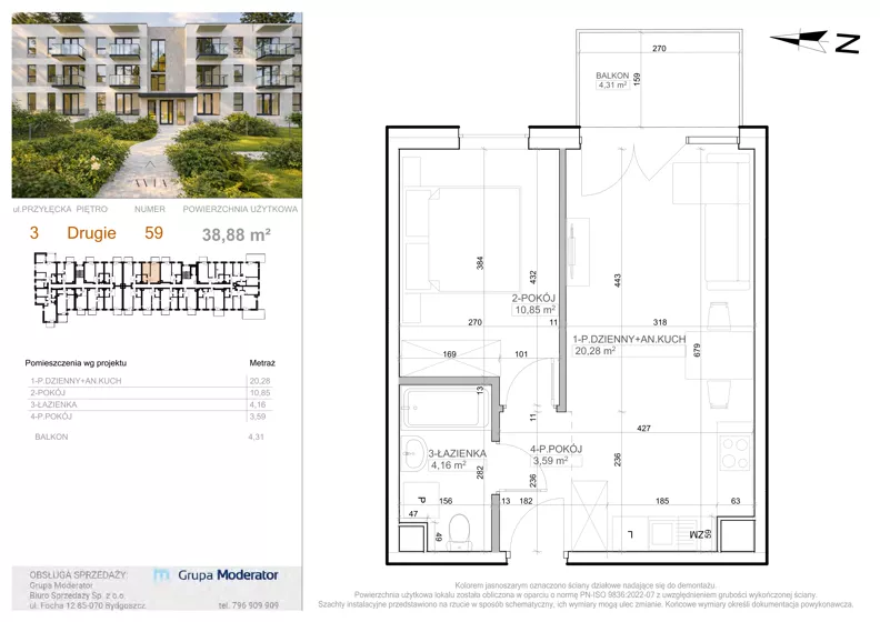2 pokoje, mieszkanie 38,88 m², piętro 2, oferta nr 3 - 59, Avia III, Bydgoszcz, Bielice, ul. Przyłęcka 3