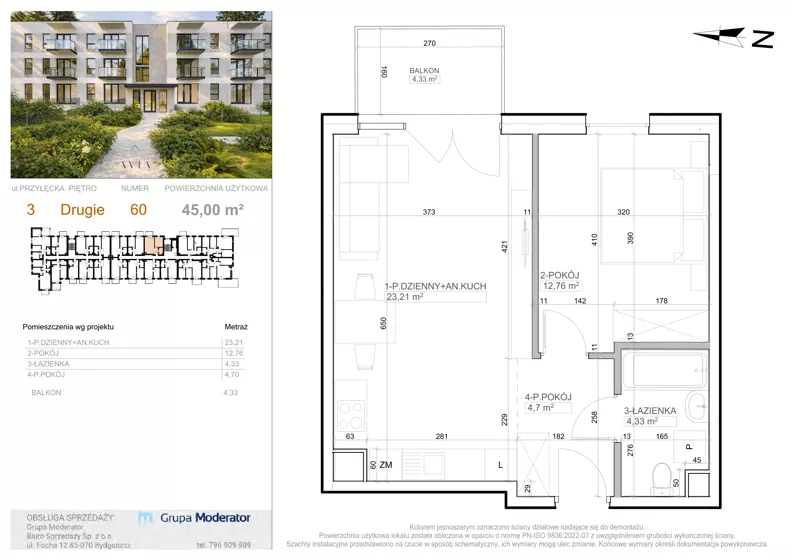 2 pokoje, mieszkanie 45,00 m², piętro 2, oferta nr 3 - 60, Avia III, Bydgoszcz, Bielice, ul. Przyłęcka 3