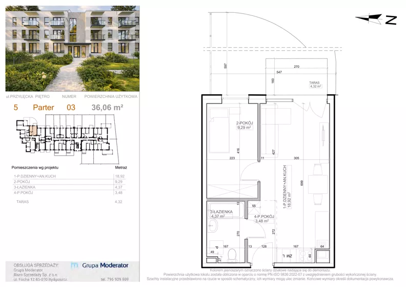 2 pokoje, mieszkanie 36,06 m², parter, oferta nr 5 - 3, Avia III, Bydgoszcz, Bielice, ul. Przyłęcka 3