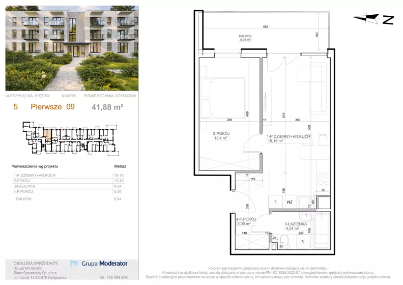 2 pokoje, mieszkanie 41,88 m², piętro 1, oferta nr 5 - 9, Avia III, Bydgoszcz, Bielice, ul. Przyłęcka 3