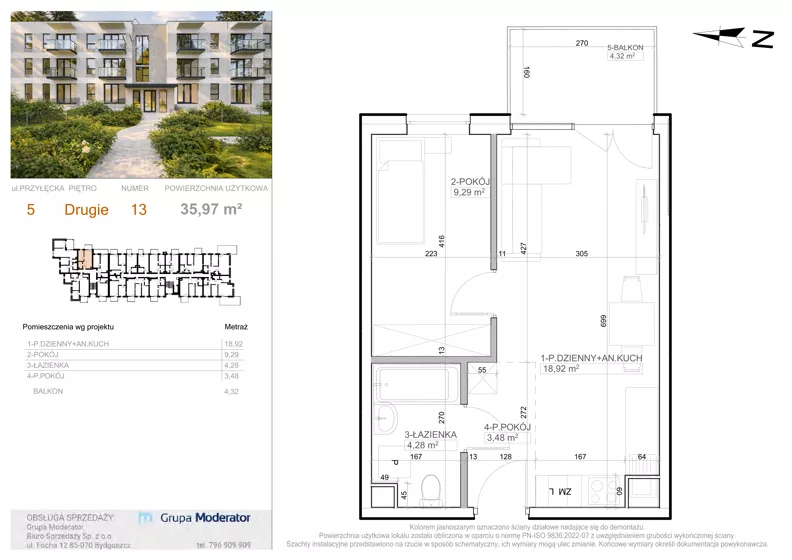 2 pokoje, mieszkanie 35,97 m², piętro 2, oferta nr 5 - 13, Avia III, Bydgoszcz, Bielice, ul. Przyłęcka 3