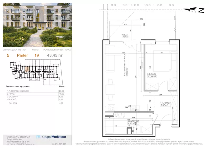 2 pokoje, mieszkanie 43,45 m², parter, oferta nr 5 - 19, Avia III, Bydgoszcz, Bielice, ul. Przyłęcka 3