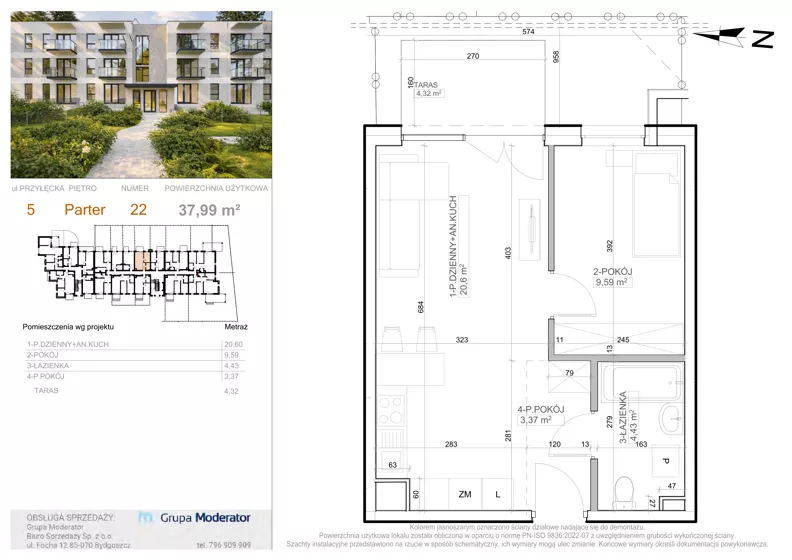 2 pokoje, mieszkanie 37,99 m², parter, oferta nr 5 - 22, Avia III, Bydgoszcz, Bielice, ul. Przyłęcka 3