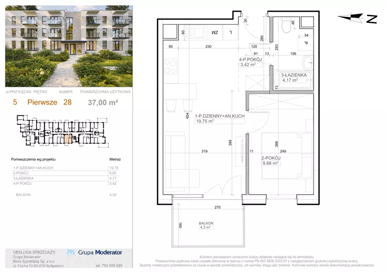2 pokoje, mieszkanie 37,00 m², piętro 1, oferta nr 5 - 28, Avia III, Bydgoszcz, Bielice, ul. Przyłęcka 3