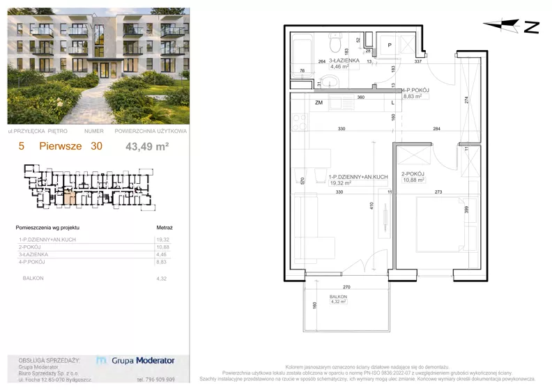 2 pokoje, mieszkanie 43,49 m², piętro 1, oferta nr 5 - 30, Avia III, Bydgoszcz, Bielice, ul. Przyłęcka 3