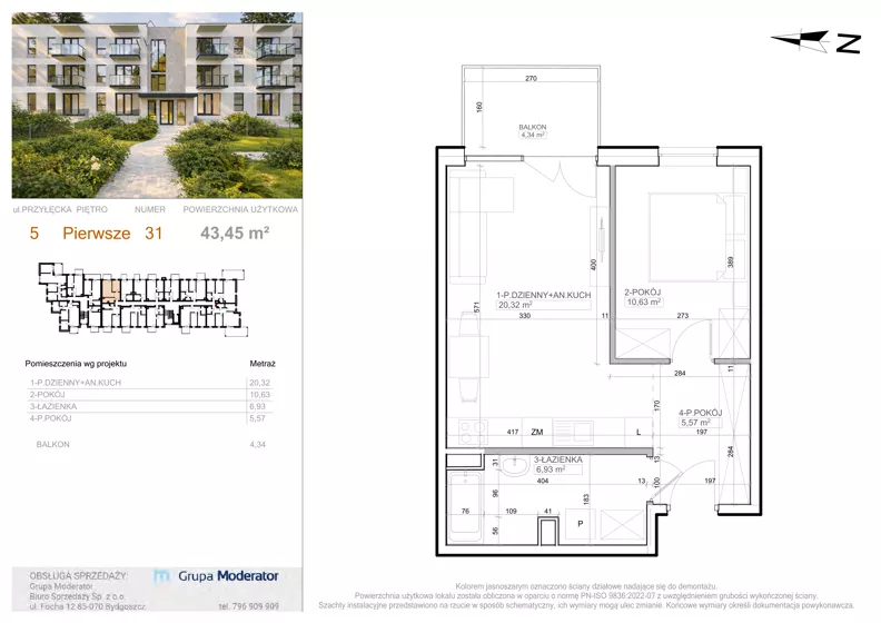 2 pokoje, mieszkanie 43,45 m², piętro 1, oferta nr 5 - 31, Avia III, Bydgoszcz, Bielice, ul. Przyłęcka 3