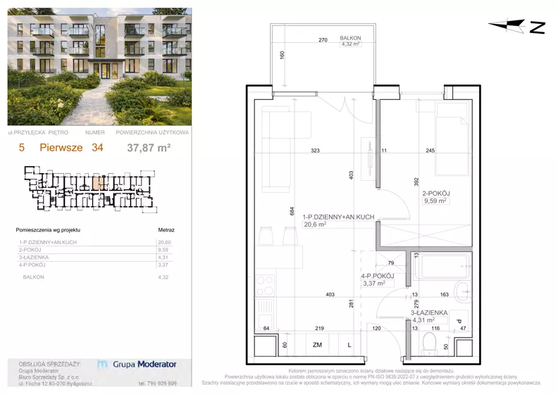2 pokoje, mieszkanie 37,87 m², piętro 1, oferta nr 5 - 34, Avia III, Bydgoszcz, Bielice, ul. Przyłęcka 3