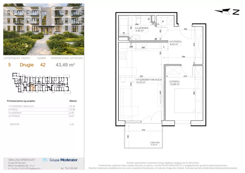 2 pokoje, mieszkanie 43,49 m², piętro 2, oferta nr 5 - 42, Avia III, Bydgoszcz, Bielice, ul. Przyłęcka 3