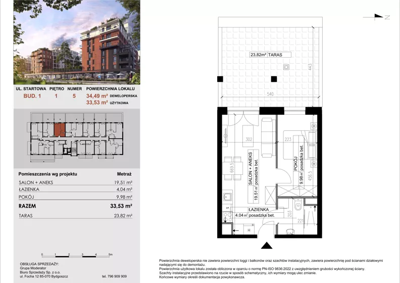 2 pokoje, mieszkanie 33,53 m², piętro 1, oferta nr 5, M|City, Bydgoszcz, Bydgoszcz Wschód, ul. Startowa 9