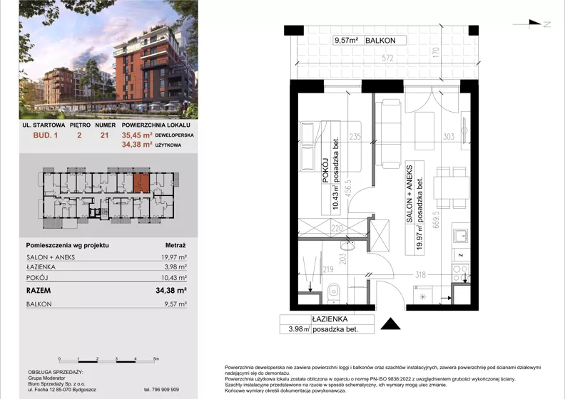 2 pokoje, mieszkanie 34,38 m², piętro 2, oferta nr 21, M|City, Bydgoszcz, Bydgoszcz Wschód, ul. Startowa 9