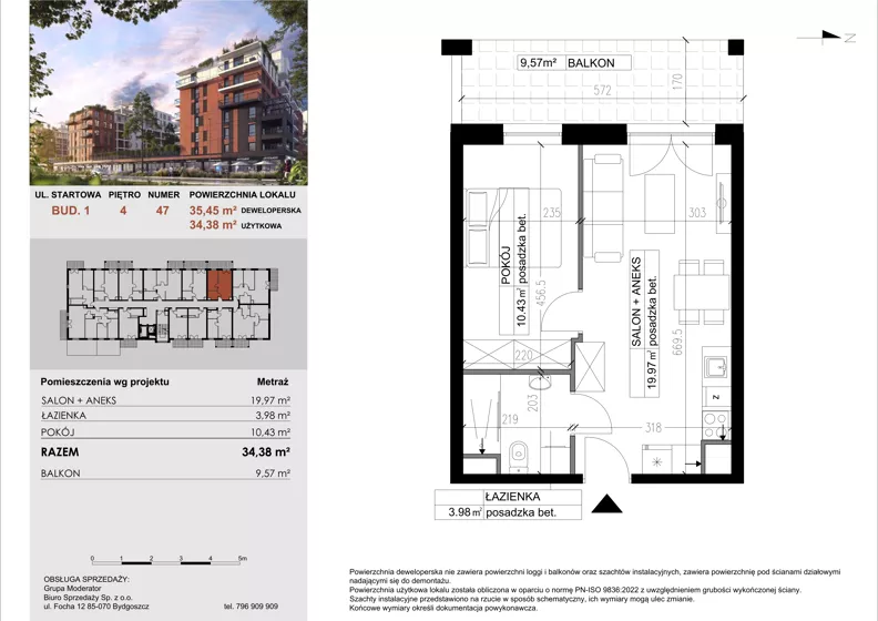 2 pokoje, mieszkanie 34,38 m², piętro 4, oferta nr 47, M|City, Bydgoszcz, Bydgoszcz Wschód, ul. Startowa 9
