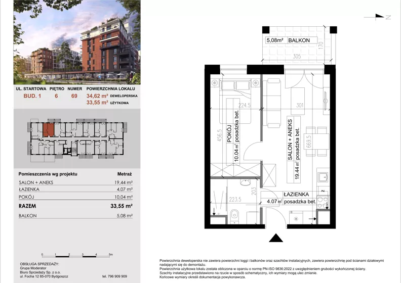 2 pokoje, mieszkanie 33,55 m², piętro 6, oferta nr 69, M|City, Bydgoszcz, Bydgoszcz Wschód, ul. Startowa 9