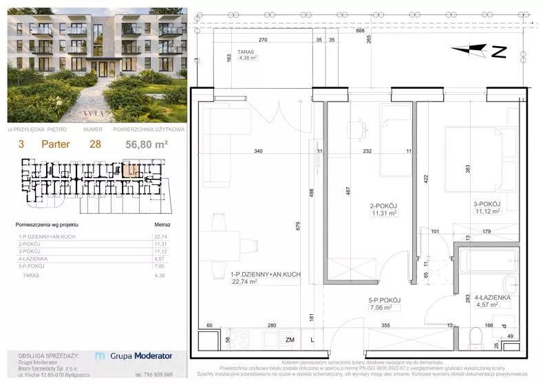 3 pokoje, mieszkanie 56,80 m², parter, oferta nr 3 - 28, Avia III, Bydgoszcz, Bielice, ul. Przyłęcka 3,5