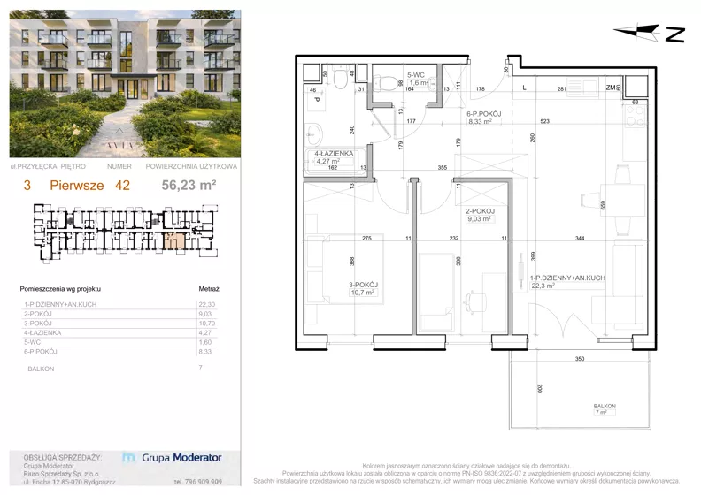 3 pokoje, mieszkanie 56,23 m², piętro 1, oferta nr 3 - 42, Avia III, Bydgoszcz, Bielice, ul. Przyłęcka 3,5