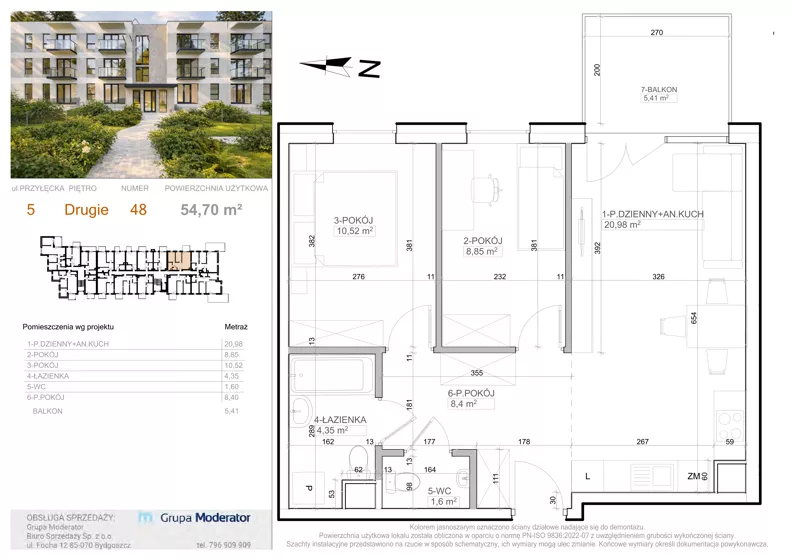 3 pokoje, mieszkanie 54,70 m², piętro 2, oferta nr 5 - 48, Avia III, Bydgoszcz, Bielice, ul. Przyłęcka 3,5