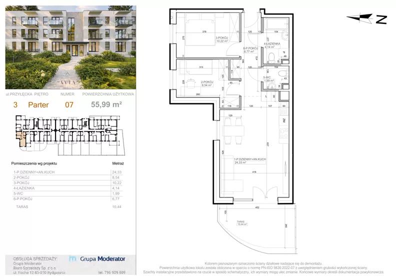 3 pokoje, mieszkanie 55,99 m², parter, oferta nr 3 - 7, Avia III, Bydgoszcz, Bielice, ul. Przyłęcka 3