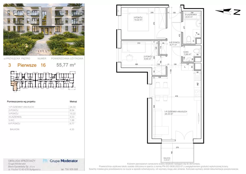 3 pokoje, mieszkanie 55,77 m², piętro 1, oferta nr 3 - 16, Avia III, Bydgoszcz, Bielice, ul. Przyłęcka 3