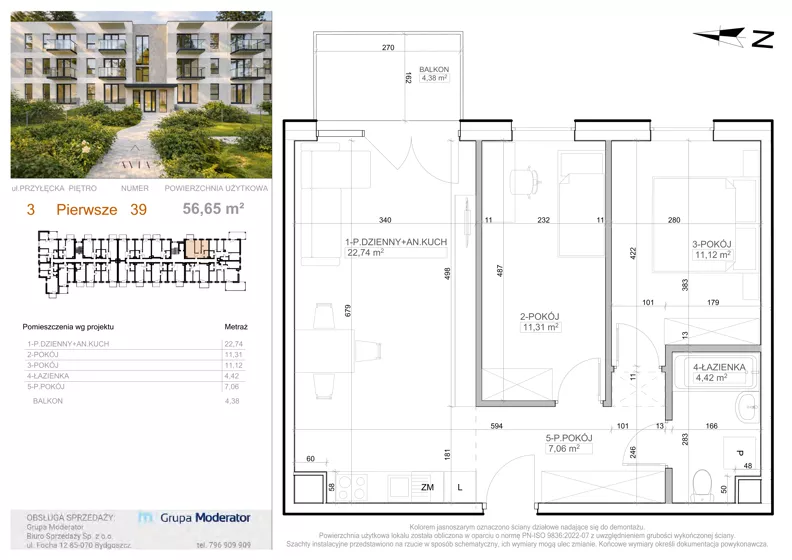 3 pokoje, mieszkanie 56,65 m², piętro 1, oferta nr 3 - 39, Avia III, Bydgoszcz, Bielice, ul. Przyłęcka 3