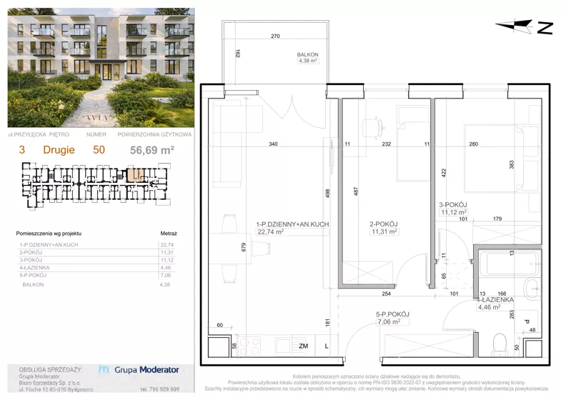 3 pokoje, mieszkanie 56,69 m², piętro 2, oferta nr 3 - 50, Avia III, Bydgoszcz, Bielice, ul. Przyłęcka 3