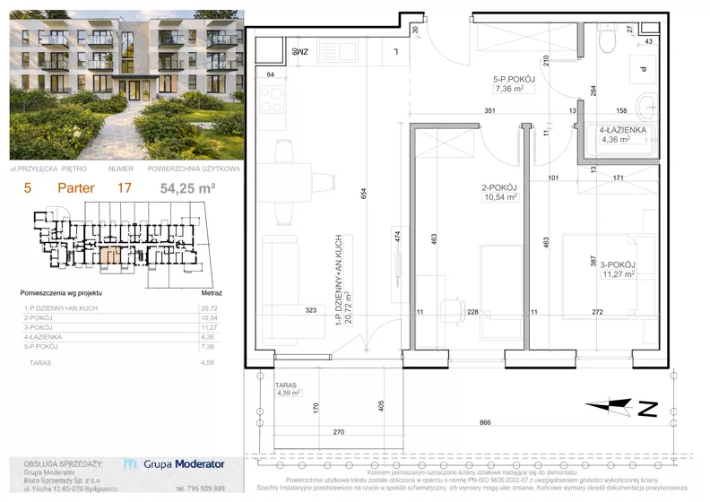 3 pokoje, mieszkanie 54,25 m², parter, oferta nr 5 - 17, Avia III, Bydgoszcz, Bielice, ul. Przyłęcka 3